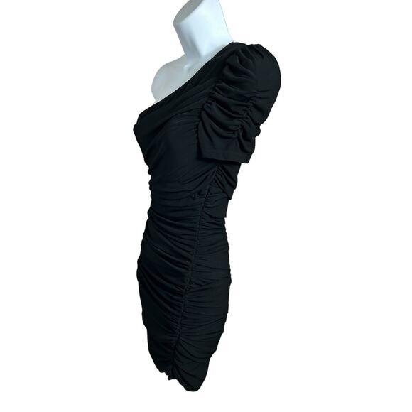Twenty One Black Ruched Dress Sz M One Short Sleeve Fitted Mini Party Evening - Picture 2 of 7